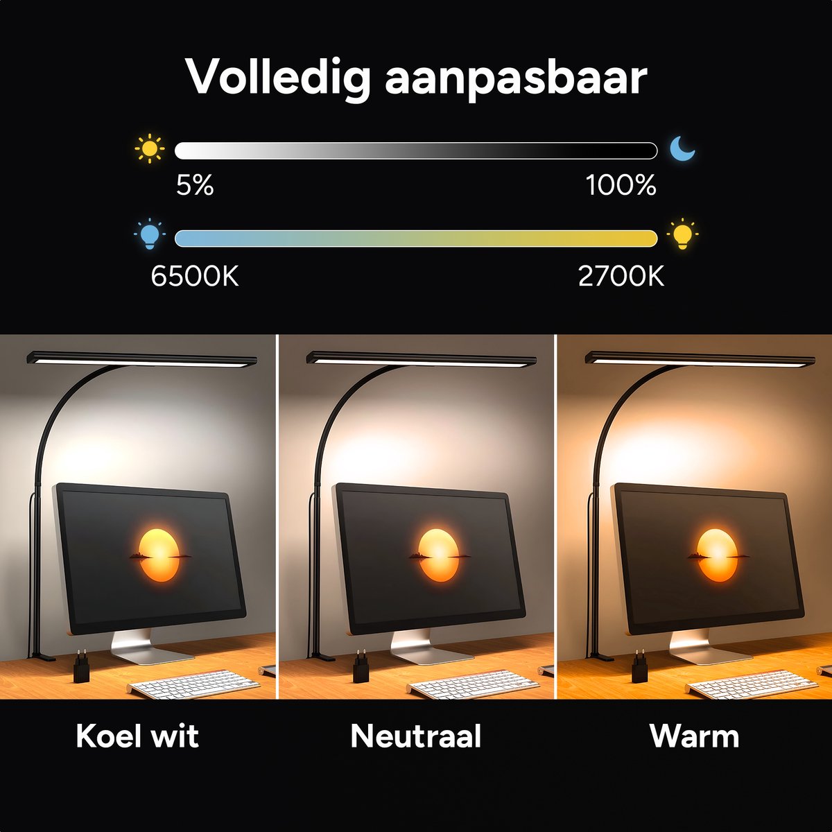 LED Bureaulamp met Klem - 3 Lichtkleuren - Zwart