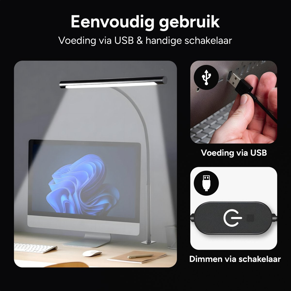 LED Bureaulamp met Klem - 3 Lichtkleuren - Zwart