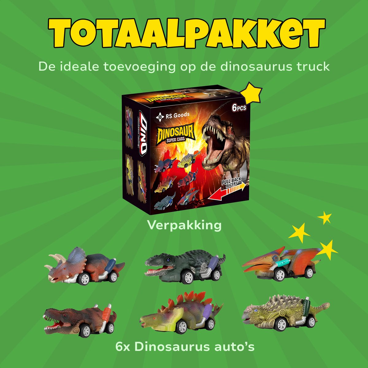 Dinosaurus auto's - 6 stuks - Pull & Release