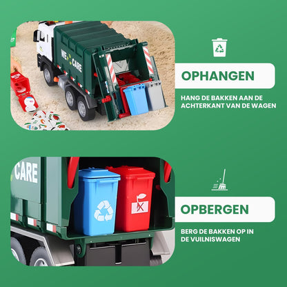 Vuilniswagen speelgoedtruck - Met 4 Kleine Vuilnisbakken
