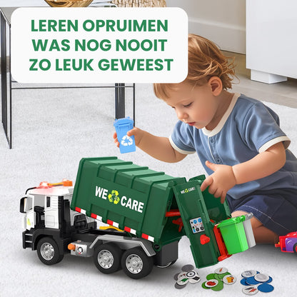 Vuilniswagen speelgoedtruck - Met 4 Kleine Vuilnisbakken