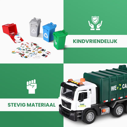 Vuilniswagen speelgoedtruck - Met 4 Kleine Vuilnisbakken