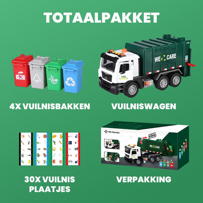 Vuilniswagen speelgoedtruck - Met 4 Kleine Vuilnisbakken